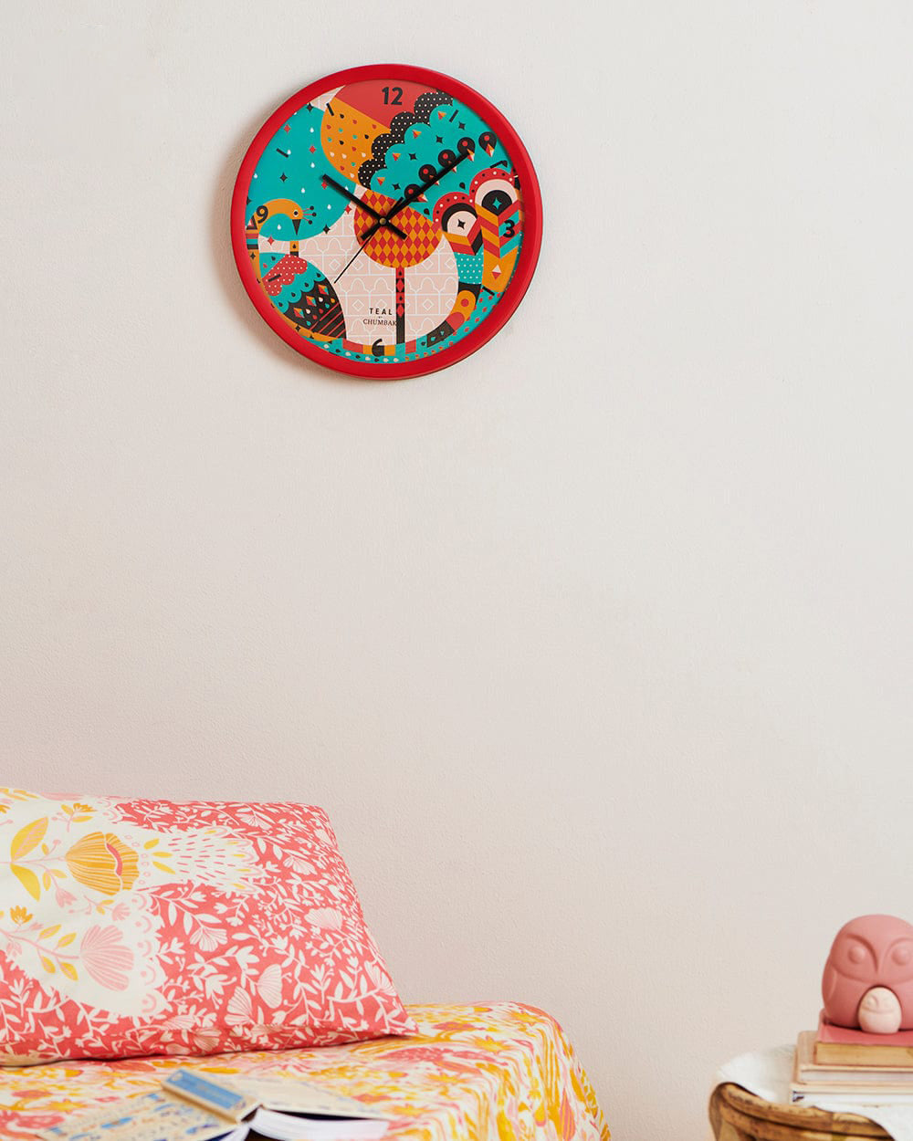 Chumbak Peacock Pride Wall Clock - Maroon Rim