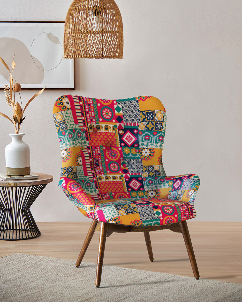 Mid Century Modern Wing Chair-Floral Swirls