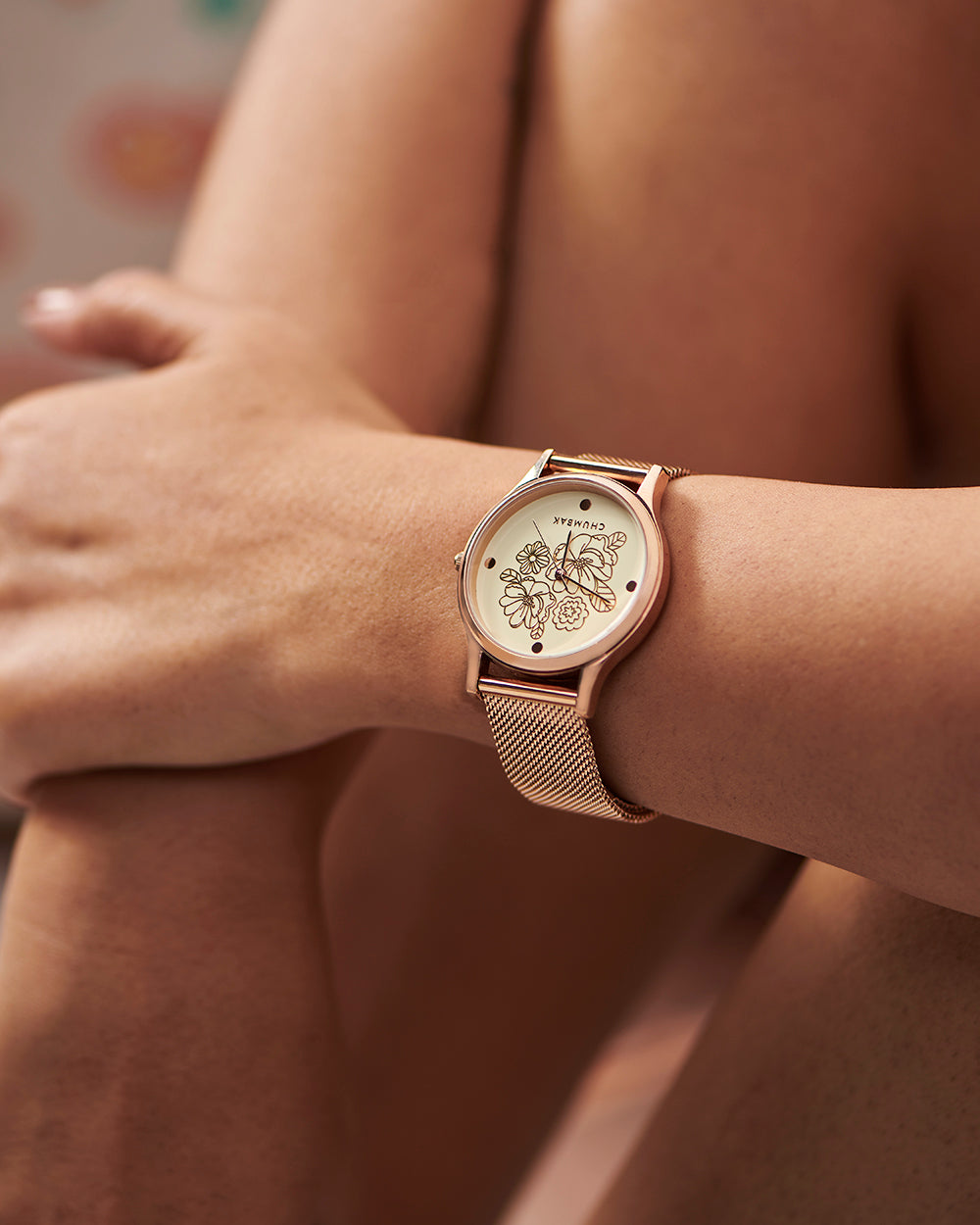 TEAL by Chumbak abstract Peacock Watch, Metal Mesh Strap