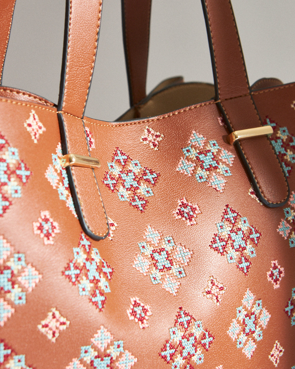 Vintage Cross Stitch Tote -Tan