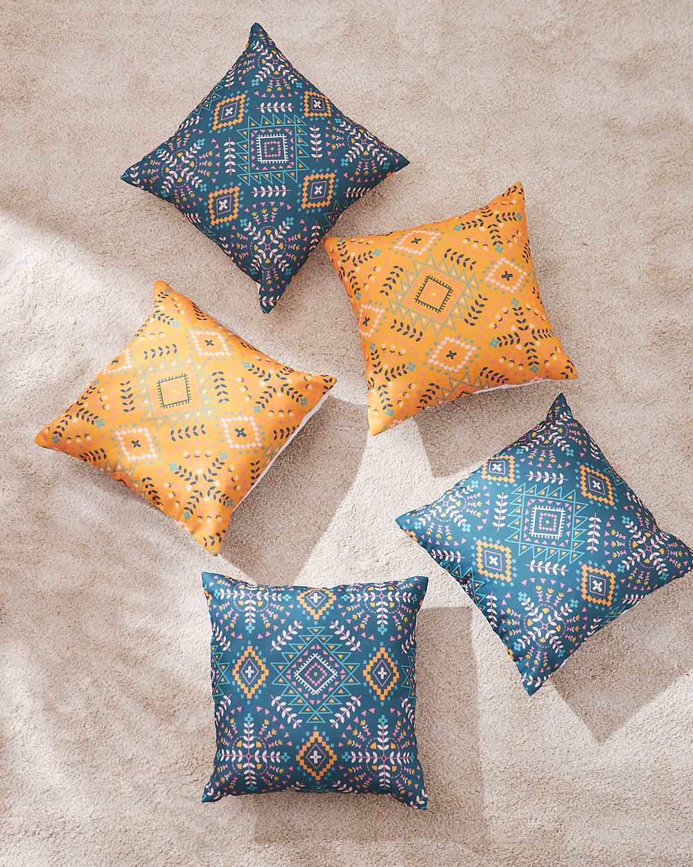 Teal by Chumbak | Mexico Aztec 16" Cushion Covers, Set of 5