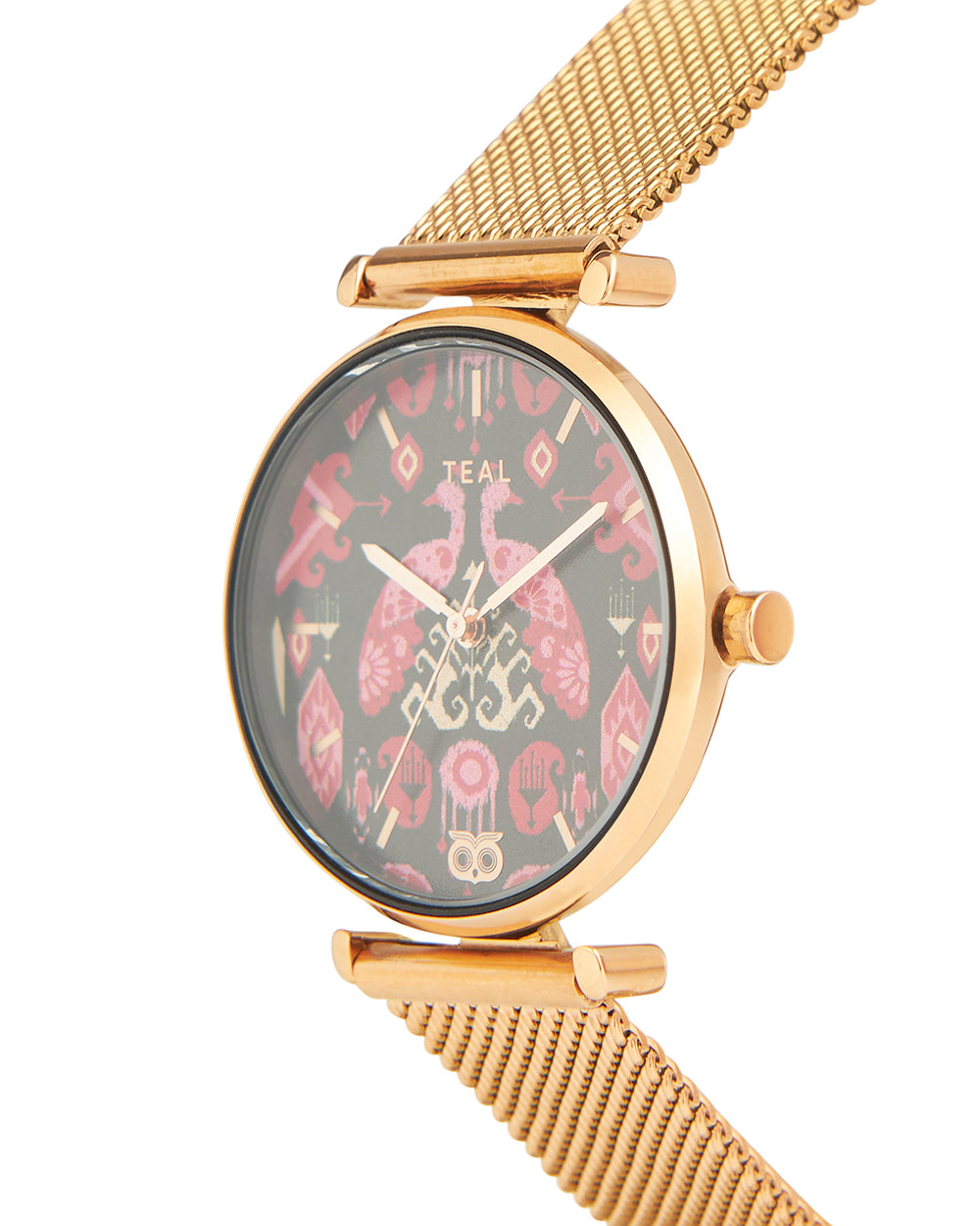 Teal by Chumbak Peacock Peeper Watch | Metal Mesh Strap - Gold