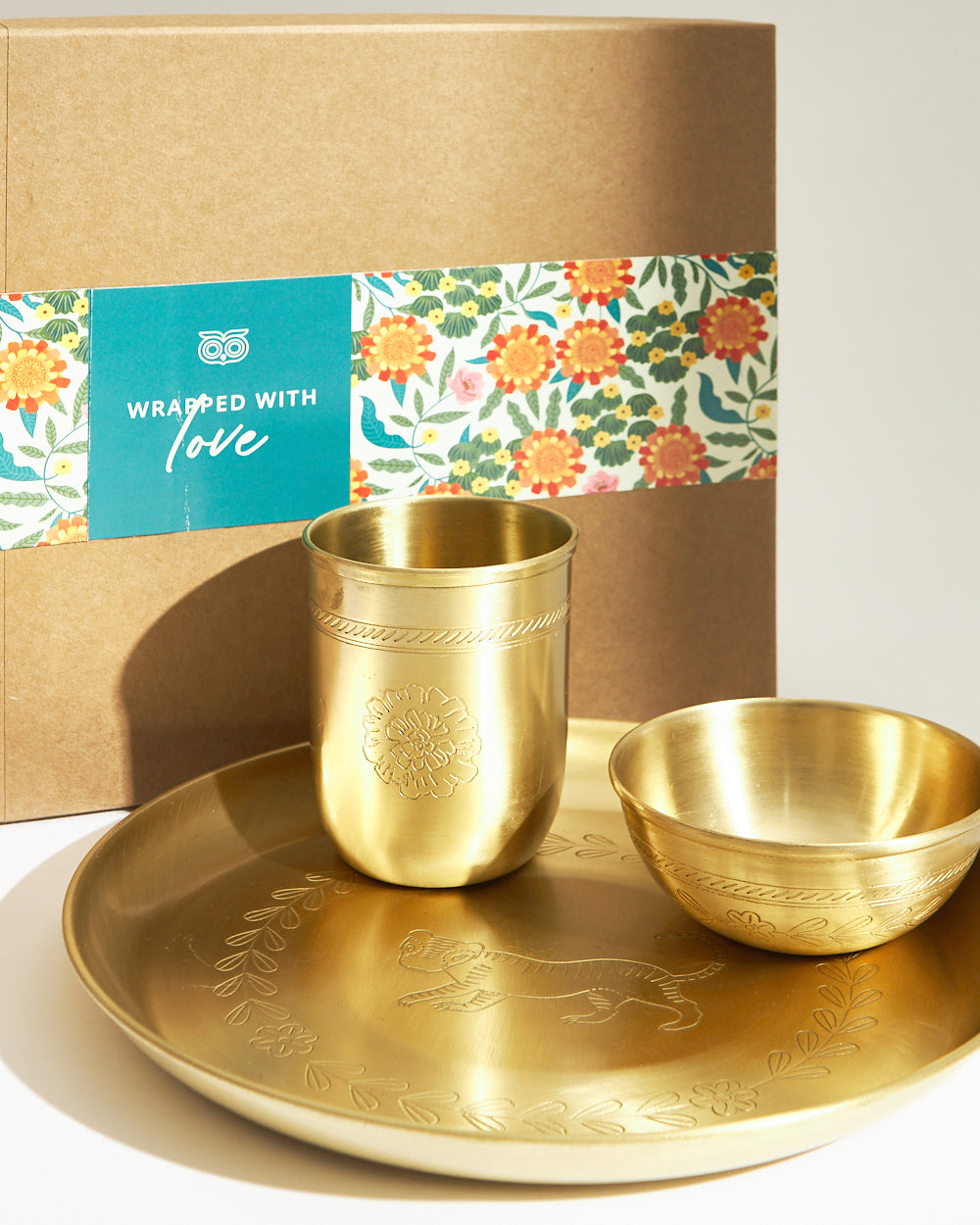Royal Tiger Daawat Thaal Set Gift Box | Set of 3 | Brassware