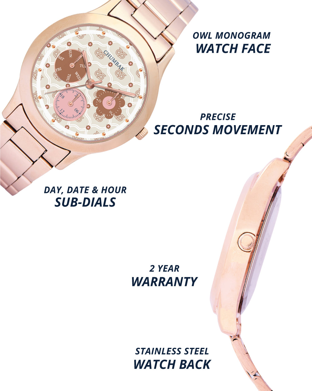 Ivory Owl Monogram Metal Watch | Rosegold with Offwhite Dial