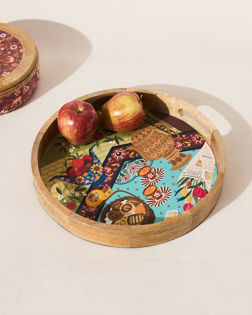 Kahwah Hour Wooden Serving Tray, 12" dia | Kashmir Trails