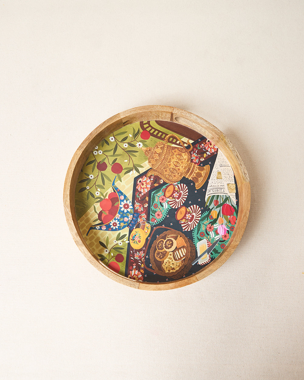 Kahwah Hour Wooden Serving Tray, 12" dia | Kashmir Trails
