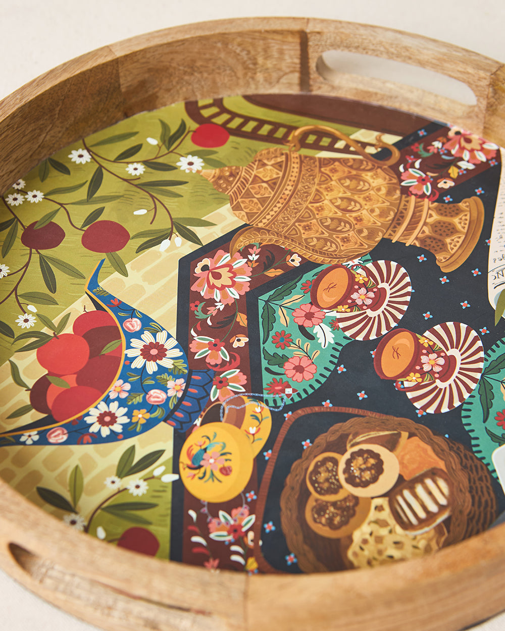Kahwah Hour Wooden Serving Tray, 12" dia | Kashmir Trails