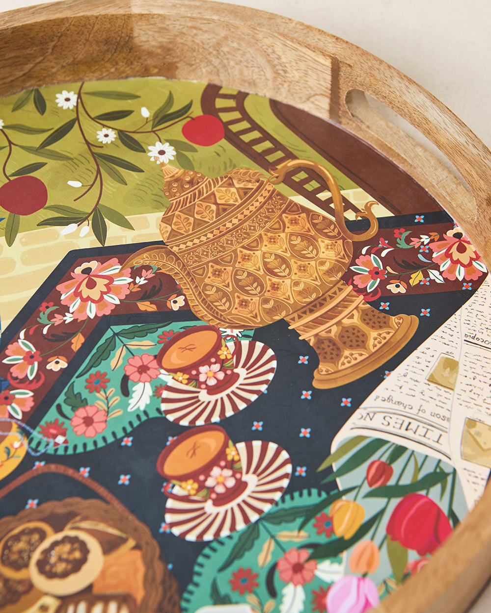 Kahwah Hour Wooden Serving Tray, 12" dia | Kashmir Trails