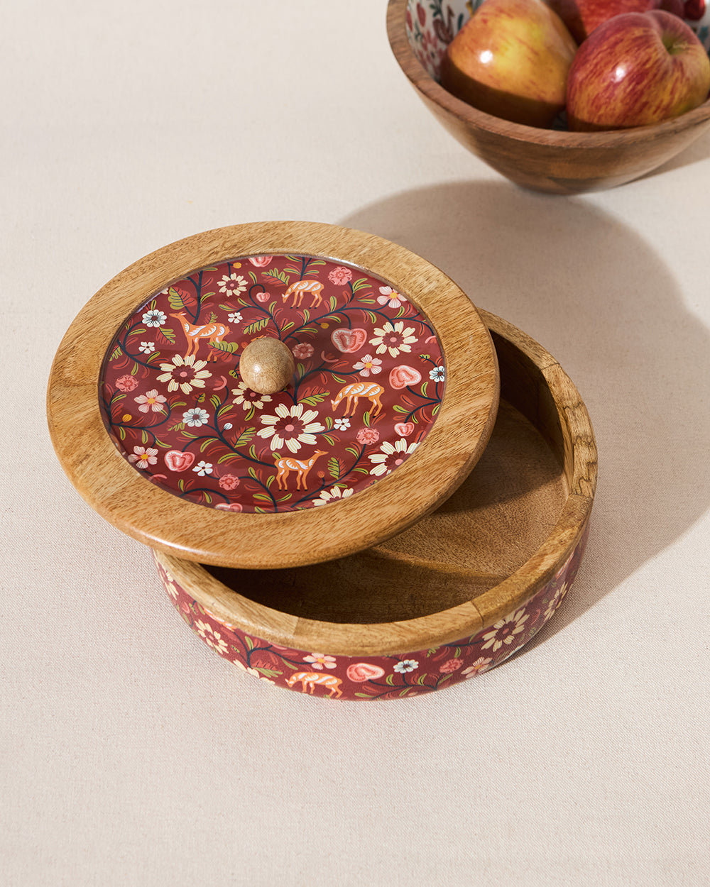 Apple Orchards Wooden Roti Box, 8" dia | Kashmir Trails