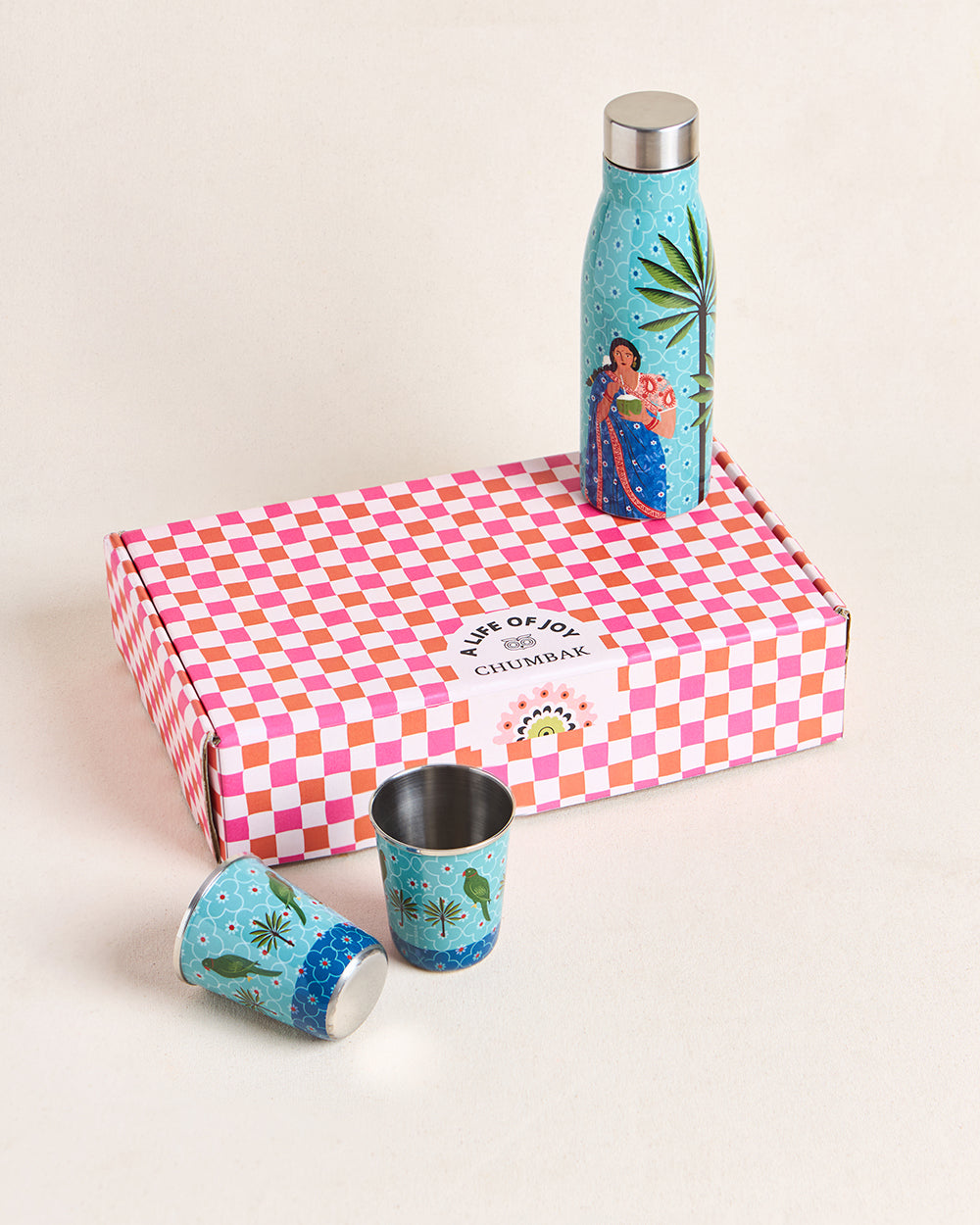 Lady Chettiar Drinkware Gift Set - Set of 3, 750ml Bottle, 200ml Tumblers