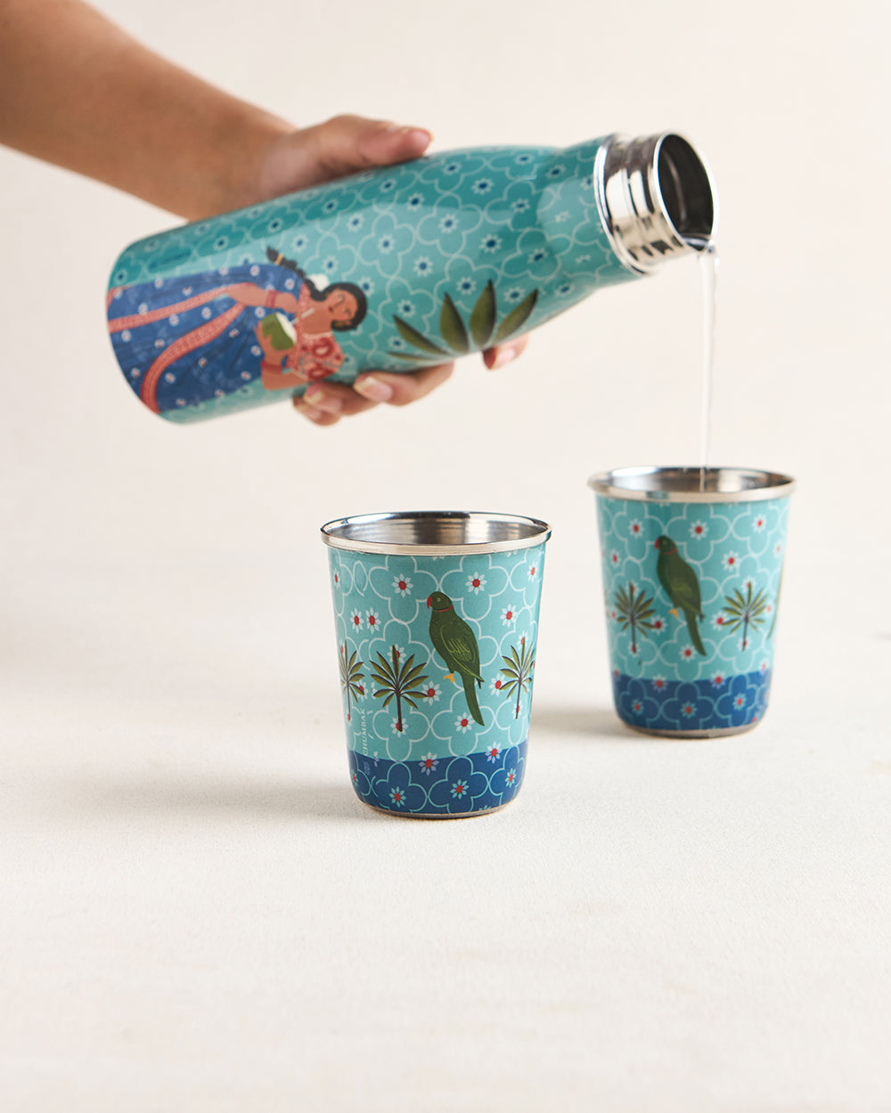 Lady Chettiar Drinkware Gift Set - Set of 3, 750ml Bottle, 200ml Tumblers