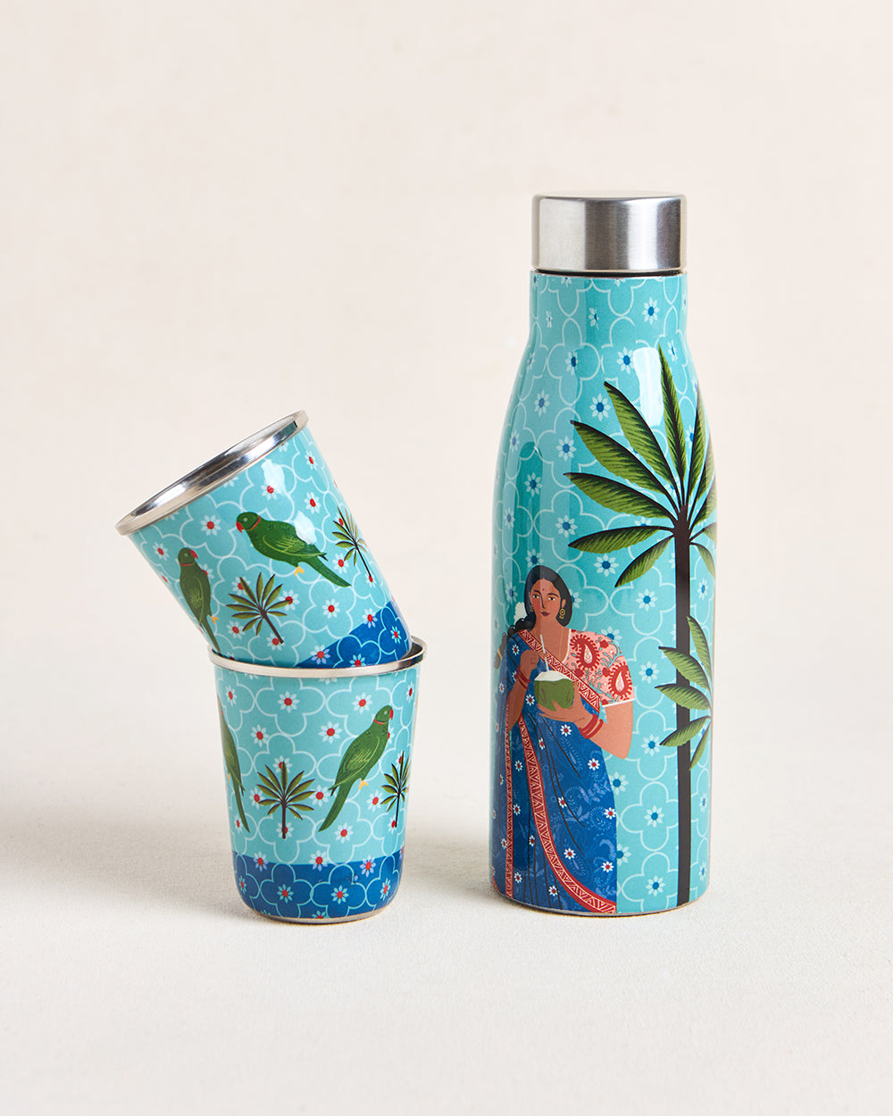 Lady Chettiar Drinkware Gift Set - Set of 3, 750ml Bottle, 200ml Tumblers