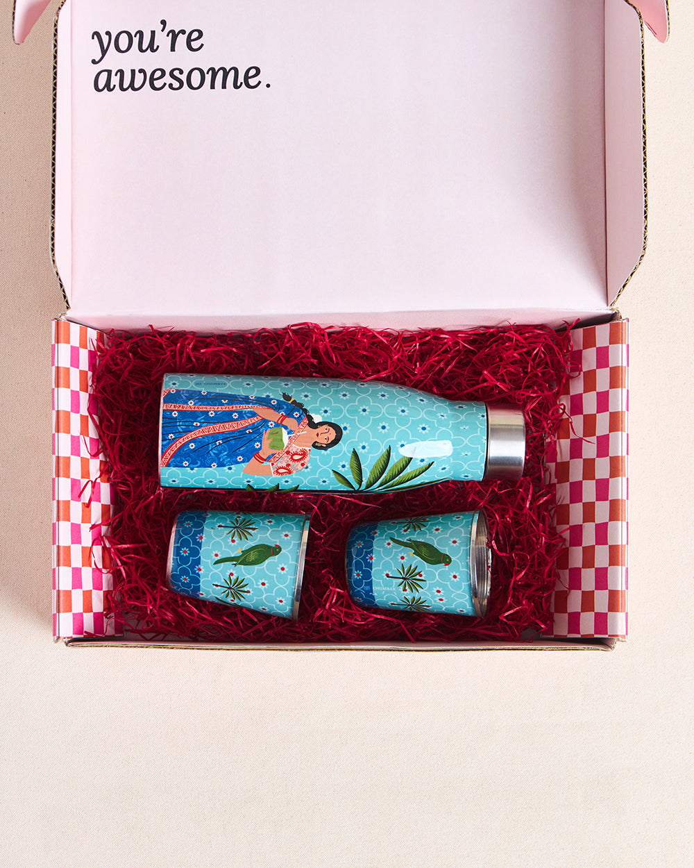 Lady Chettiar Drinkware Gift Set - Set of 3, 750ml Bottle, 200ml Tumblers