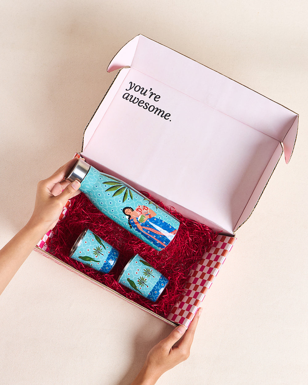 Lady Chettiar Drinkware Gift Set - Set of 3, 750ml Bottle, 200ml Tumblers