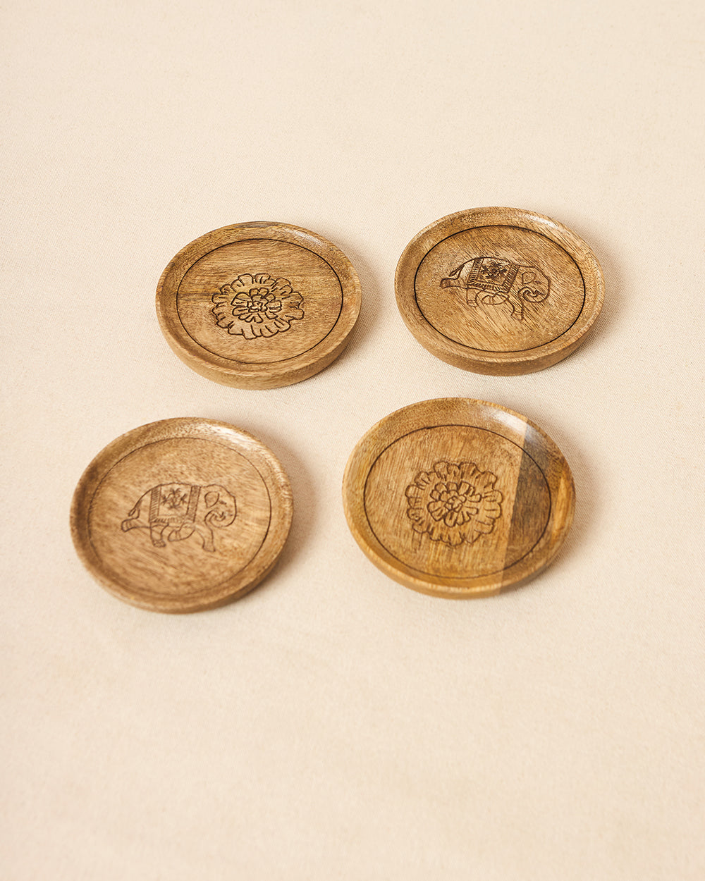 Rani Bagh Wooden Coasters - Set of 4, 4"dia | Palace Memoirs