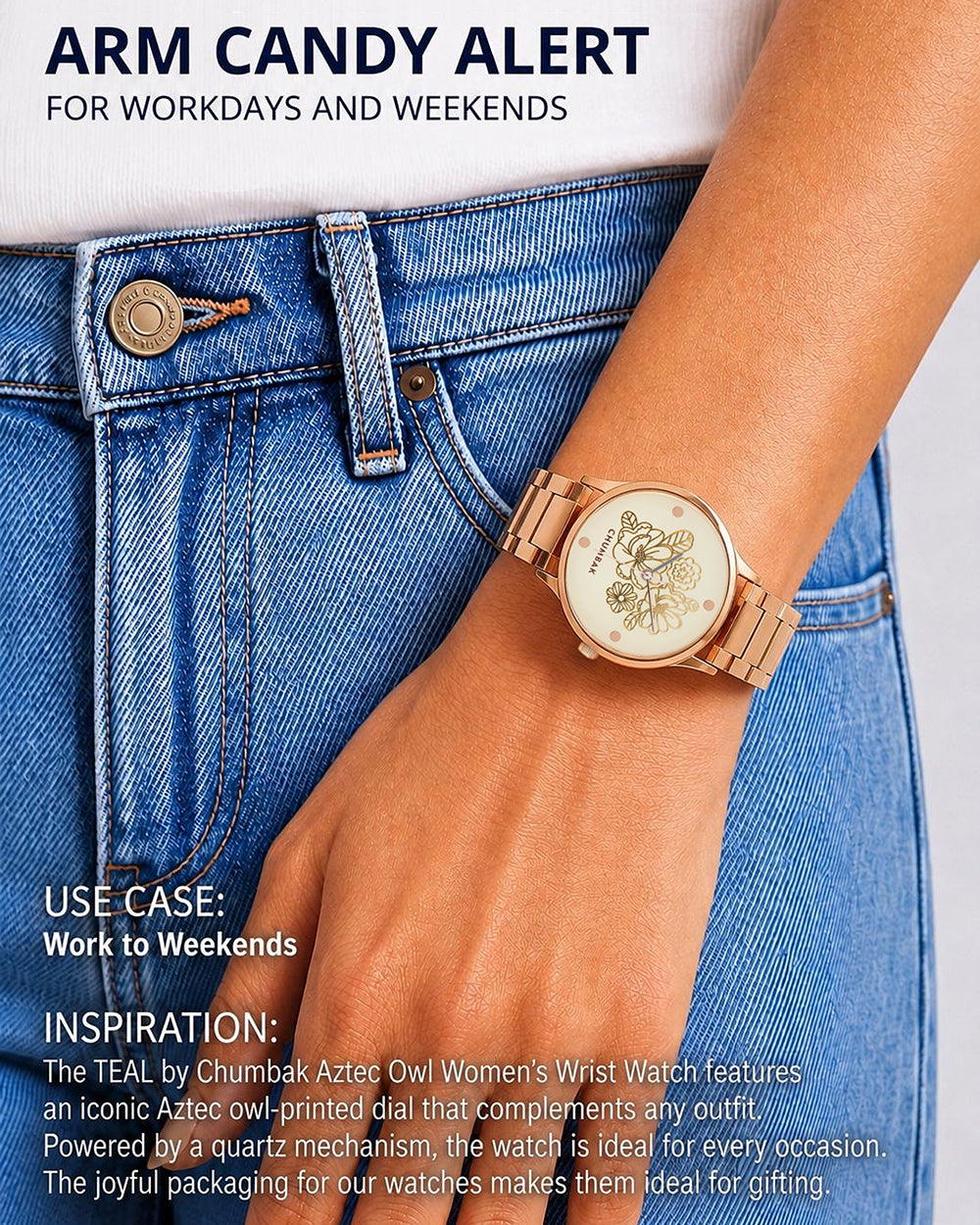 TEAL by Chumbak abstract Peacock Watch, Metal link Strap