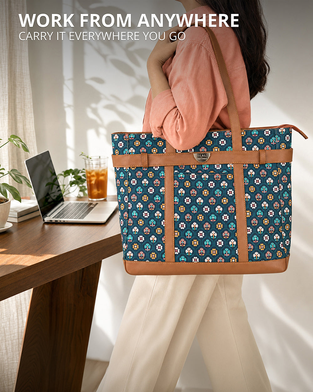 Teal by Chumbak Pixel Flower Laptop Tote