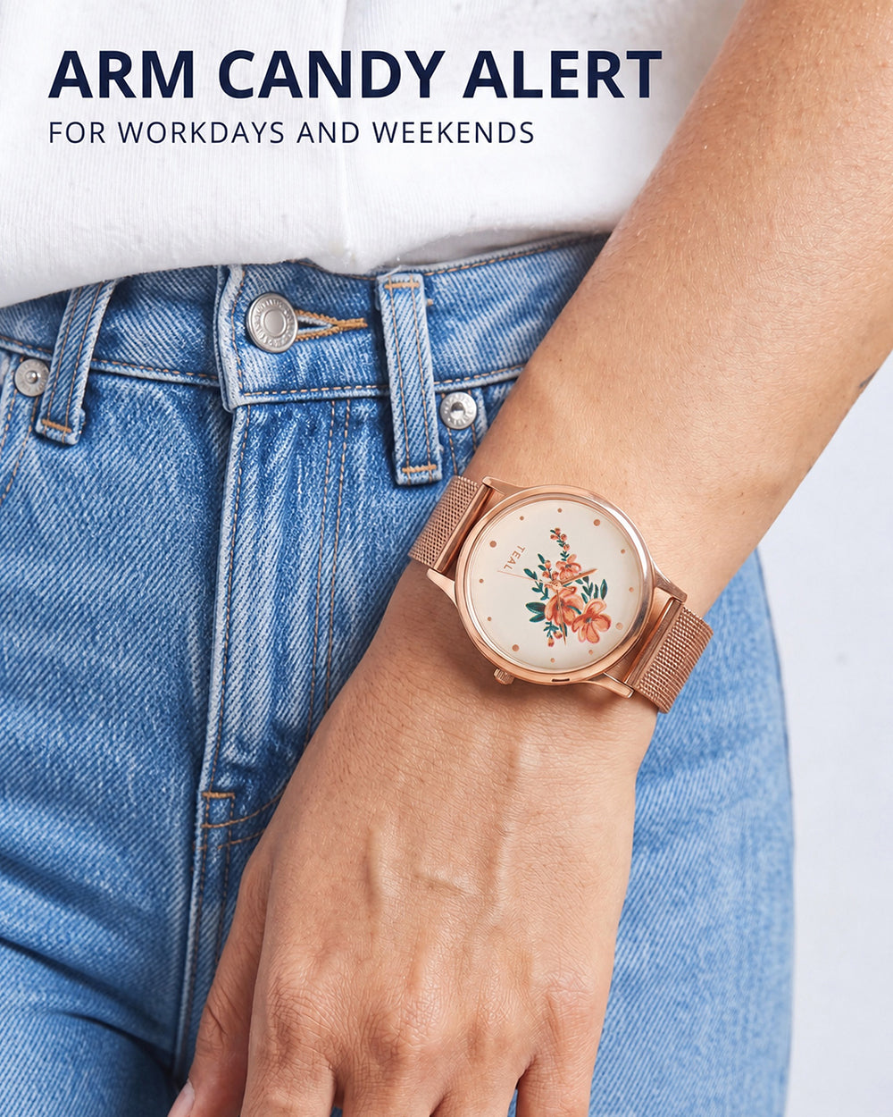 TEAL by Chumbak Jungle Flowers Watch, Metal Mesh Strap