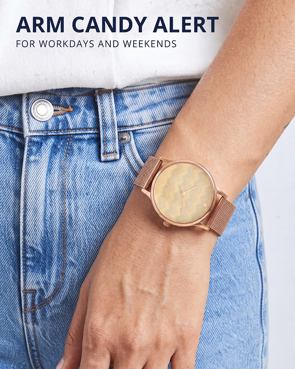 Teal by Chumbak Chevron Watch,Stainless Steel Mesh Strap
