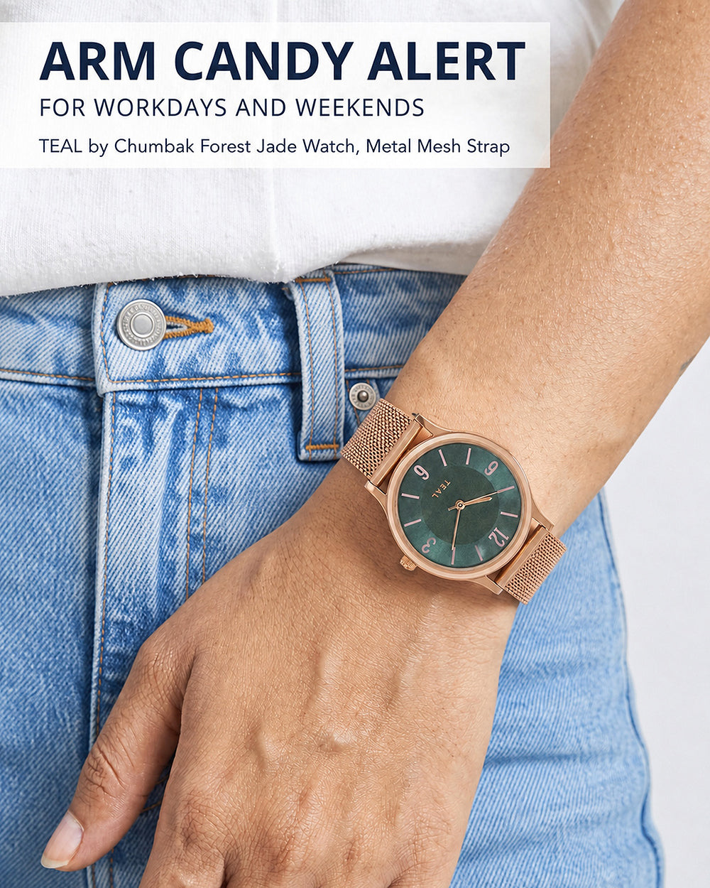 TEAL by Chumbak Forest Jade Watch, Metal Mesh Strap