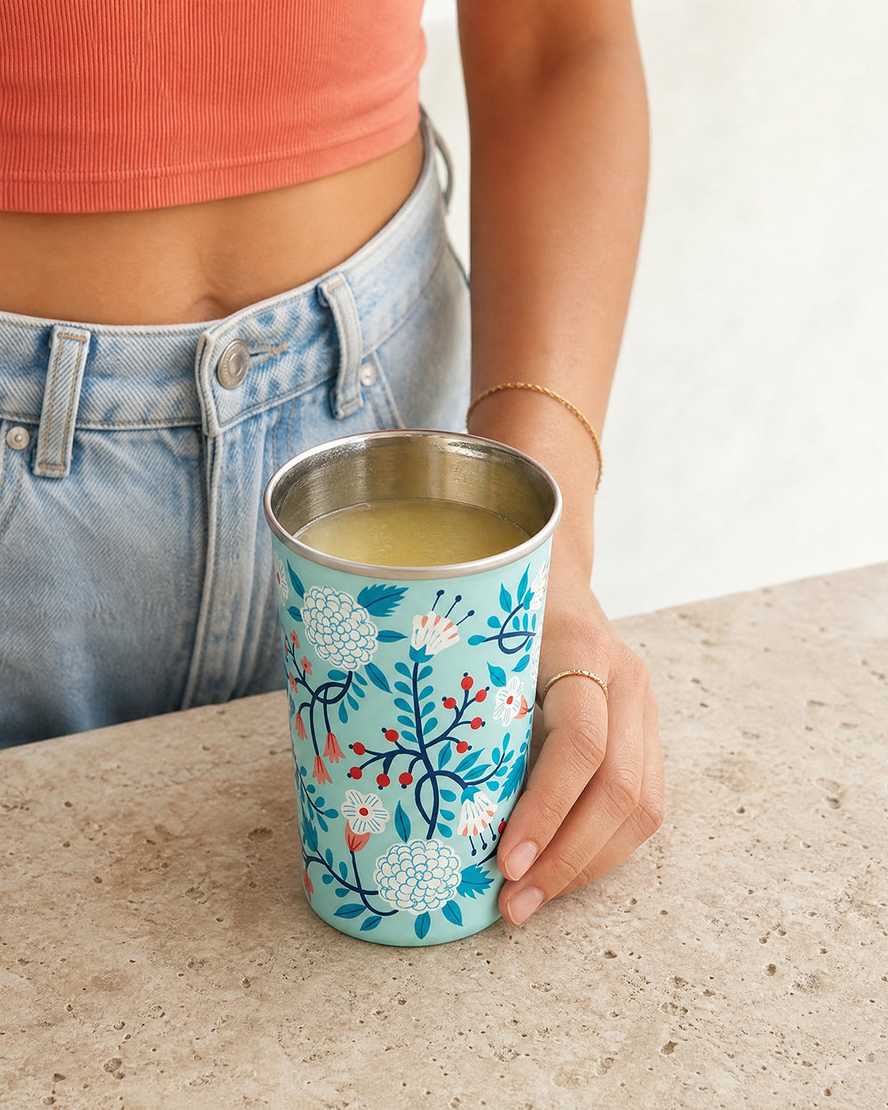 Blue Floral Steel Tumbler Large