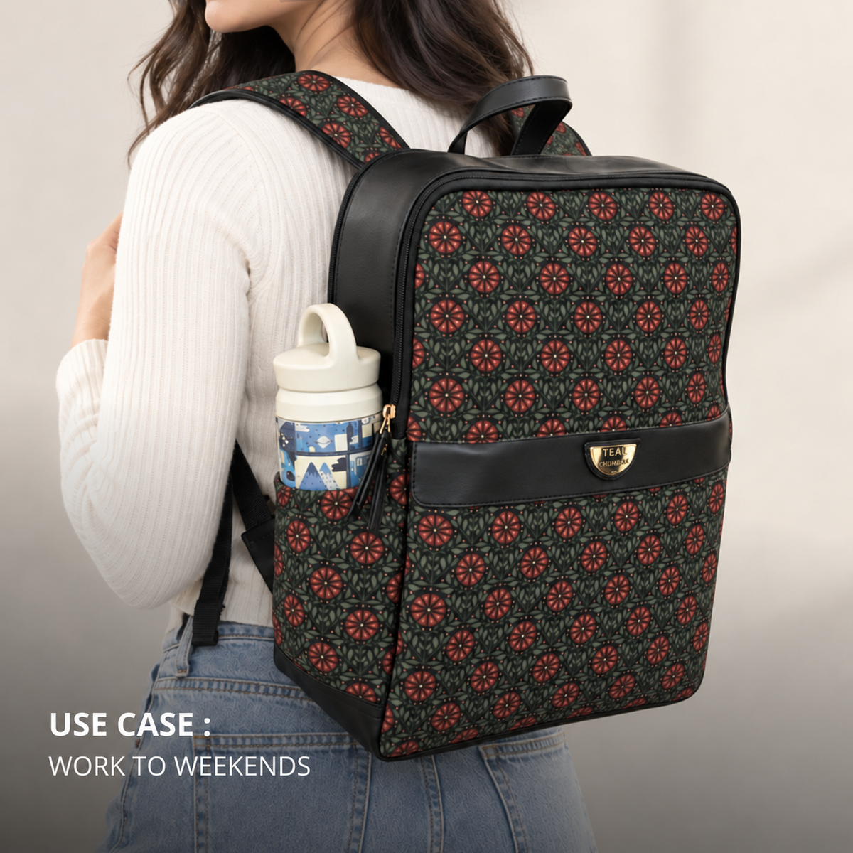 Teal by Chumbak Crimson Phool Double Zip Laptop Backpack