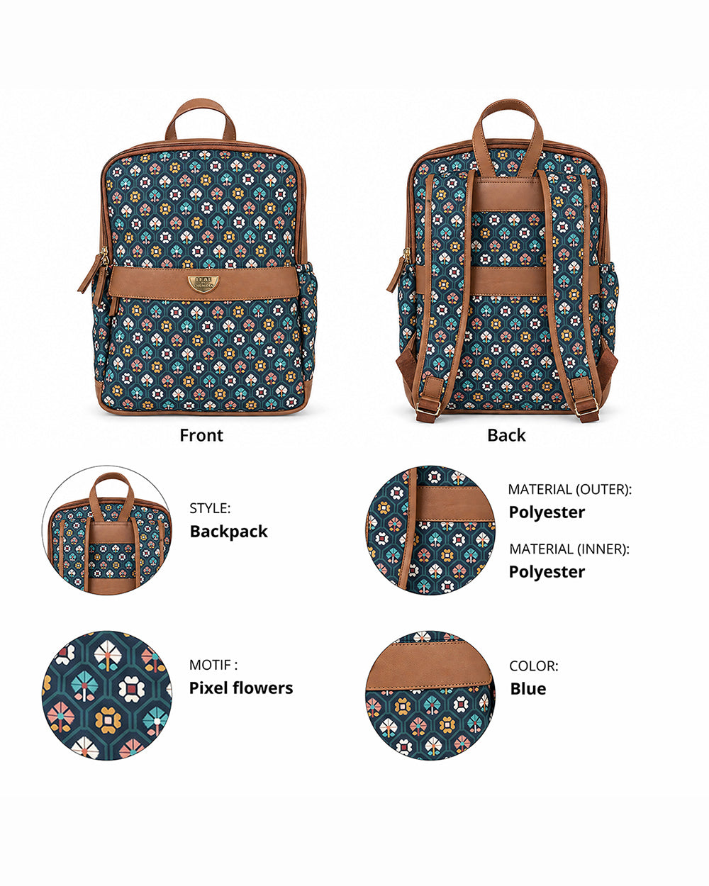 Teal by Chumbak Pixel Flower Double Zip Laptop Backpack