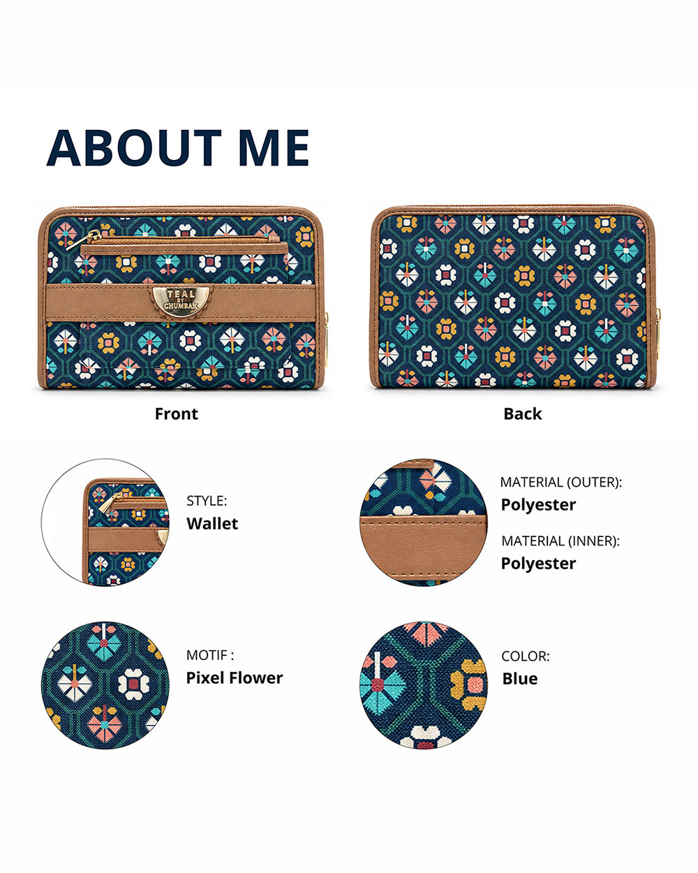 Teal by Chumbak Pixel Flower Long Wallet