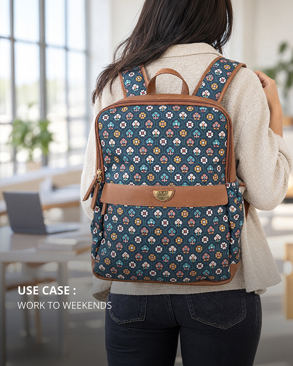 Teal by Chumbak Pixel Flower Double Zip Laptop Backpack
