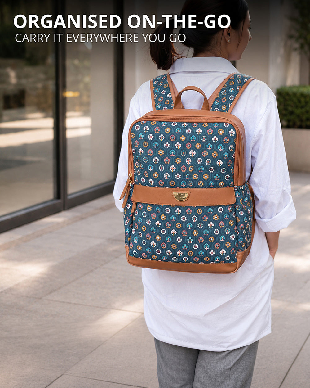 Teal by Chumbak Pixel Flower Double Zip Laptop Backpack
