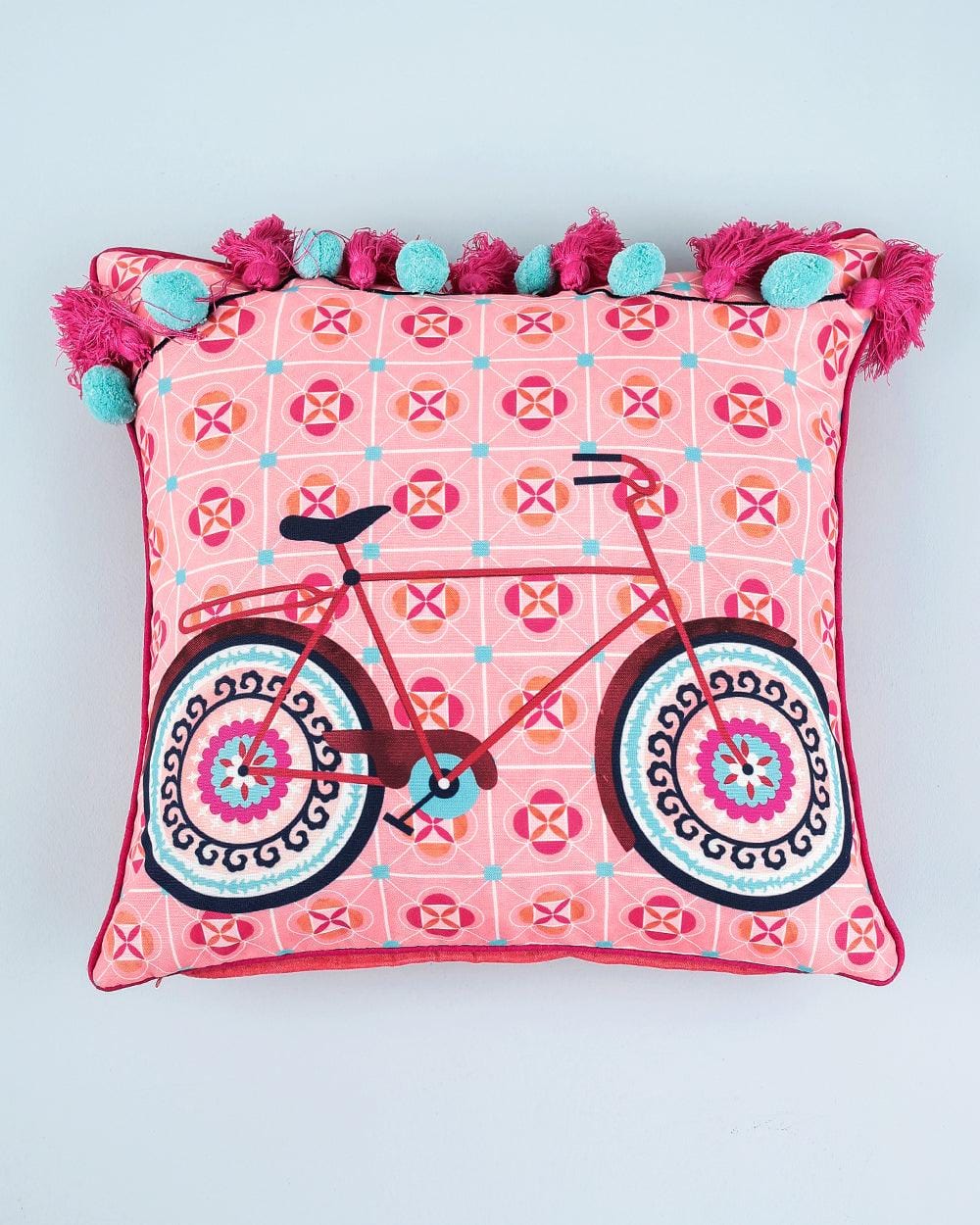 Chumbak Boho Cycle Pom ' Pom Cushion Cover