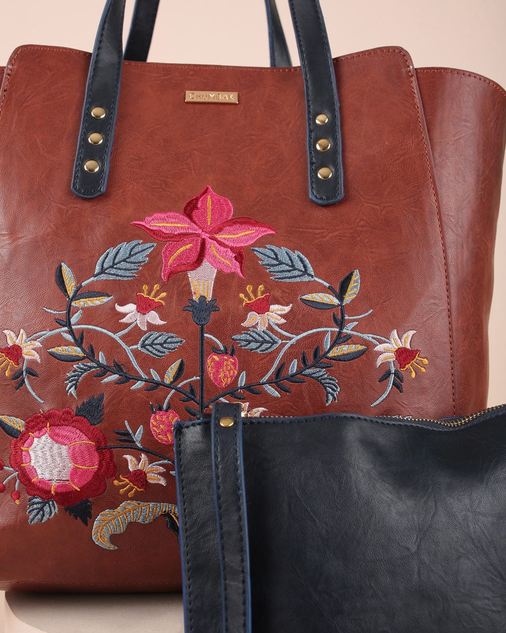 Chumbak Orchid Embroidered Tote Bag - Tan