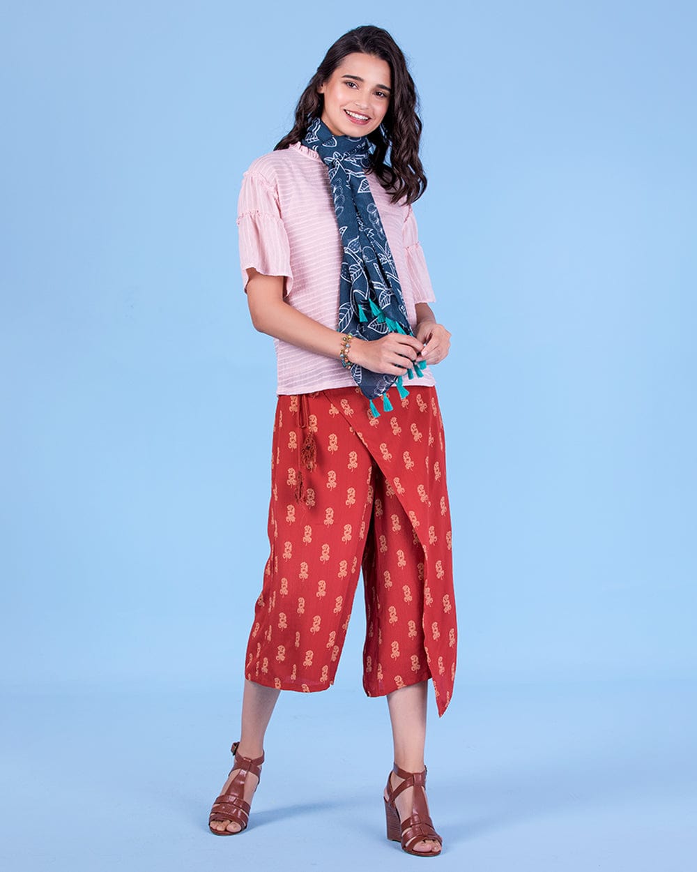 Chumbak Tropical Leaves Tassel Scarf ' Navy Blue
