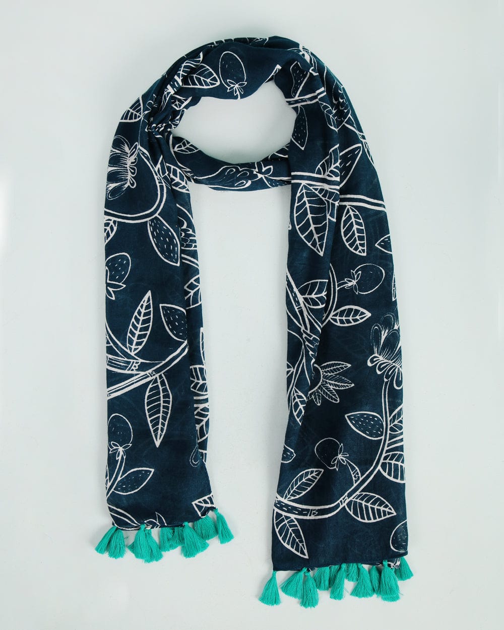 Chumbak Tropical Leaves Tassel Scarf ' Navy Blue