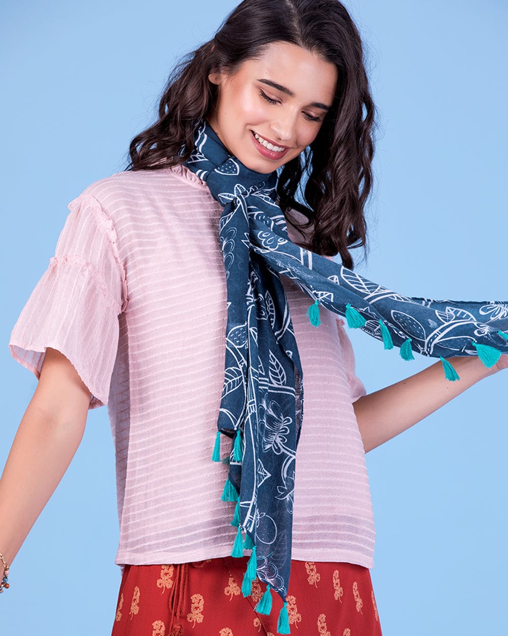 Chumbak Tropical Leaves Tassel Scarf ' Navy Blue