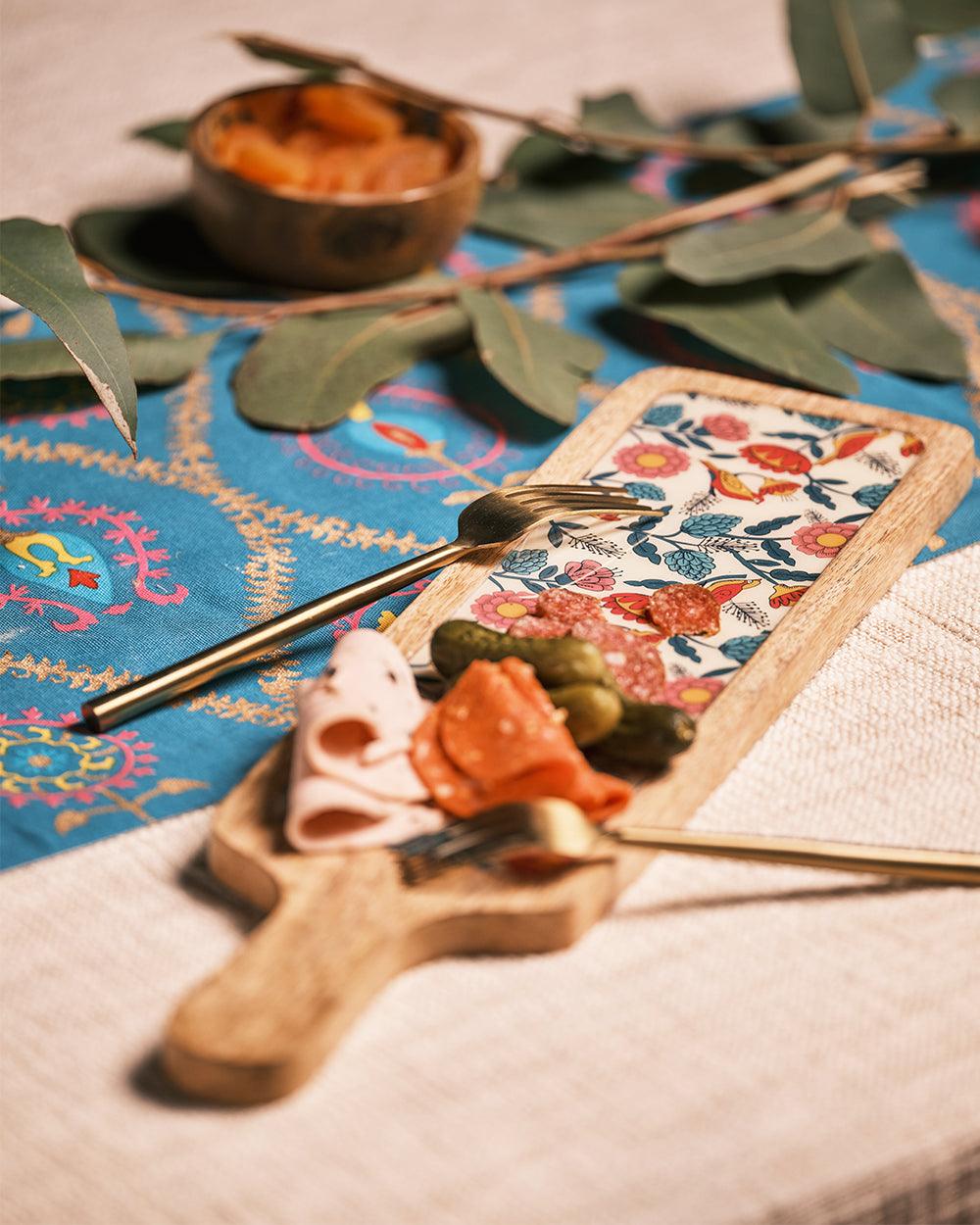 Chumbak Country Wooden Snack Platter - Floral, Rectangular, 18” x 4.5”
