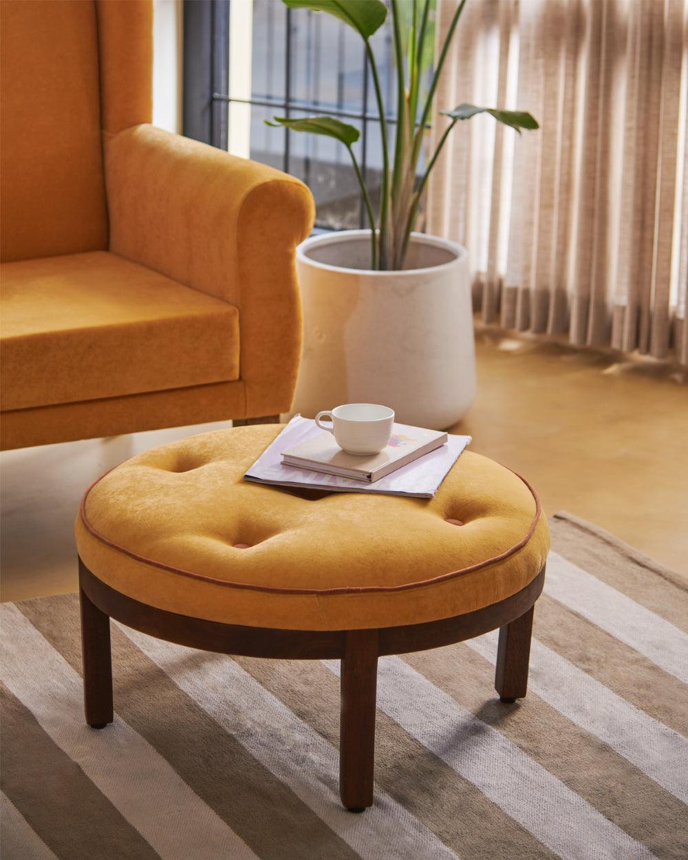 Chumbak Bohemian Ottoman - Velvet mustard