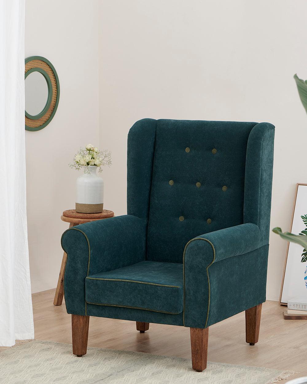 Chumbak Begum Wing Chair Velvet - Dark Green