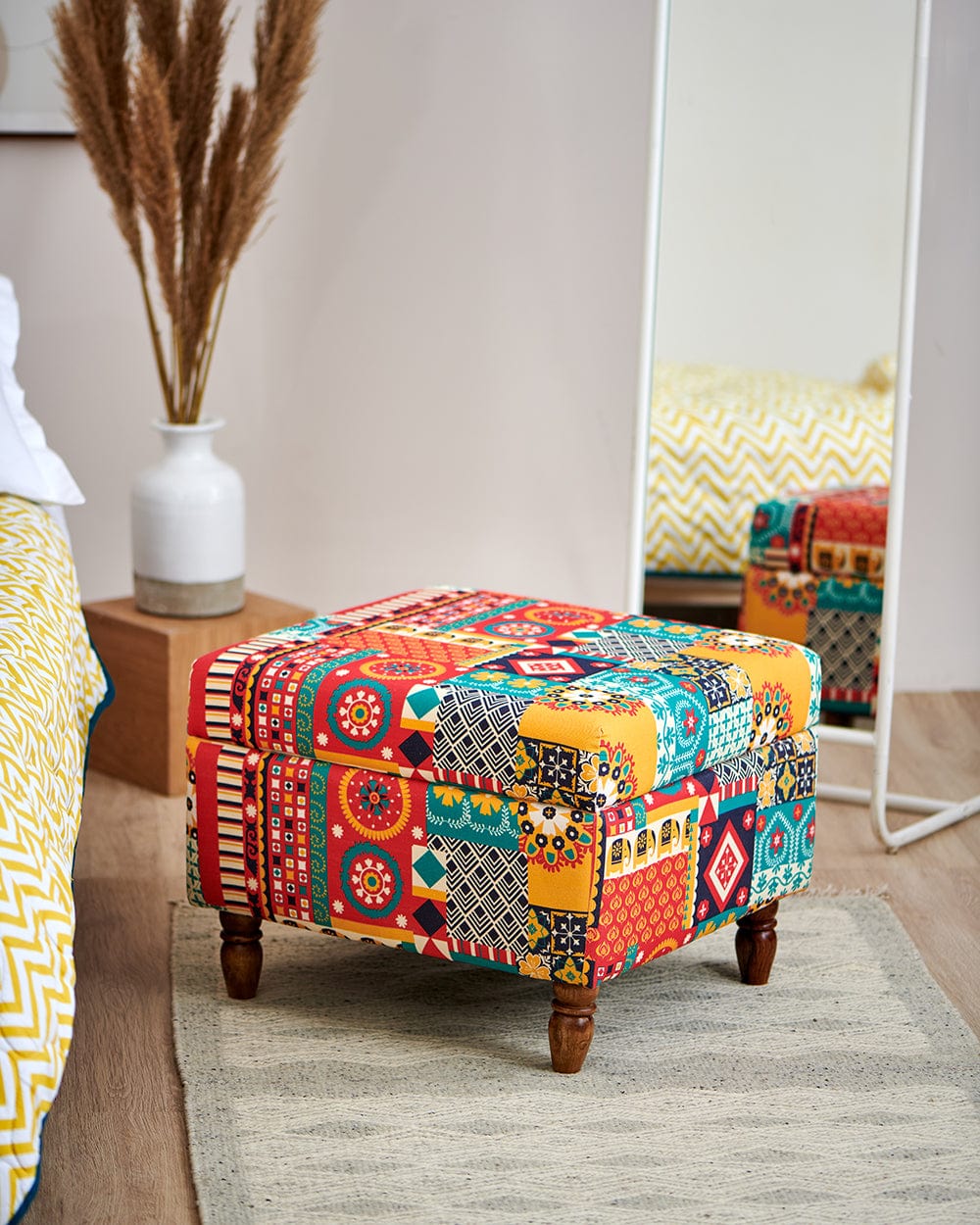 Chumbak Modern Trunk Storage Ottoman - Floral Swirls