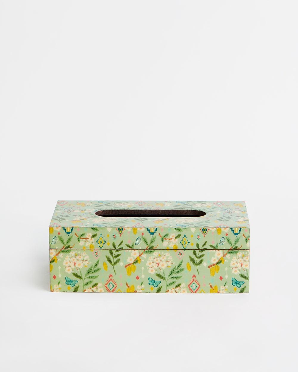 Chumbak Country Wooden tissue box -Farm Garden, Green, 9” x 5” x 3”