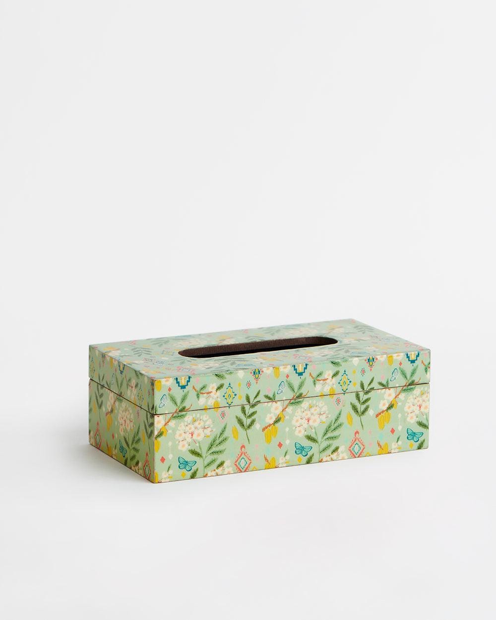 Chumbak Country Wooden tissue box -Farm Garden, Green, 9” x 5” x 3”