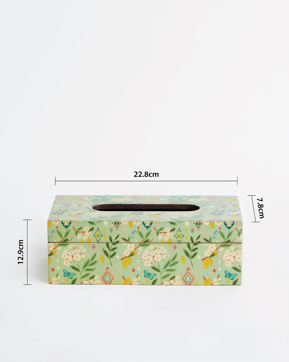 Chumbak Country Wooden tissue box -Farm Garden, Green, 9” x 5” x 3”