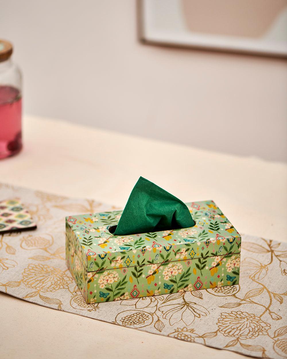 Chumbak Country Wooden tissue box -Farm Garden, Green, 9” x 5” x 3”
