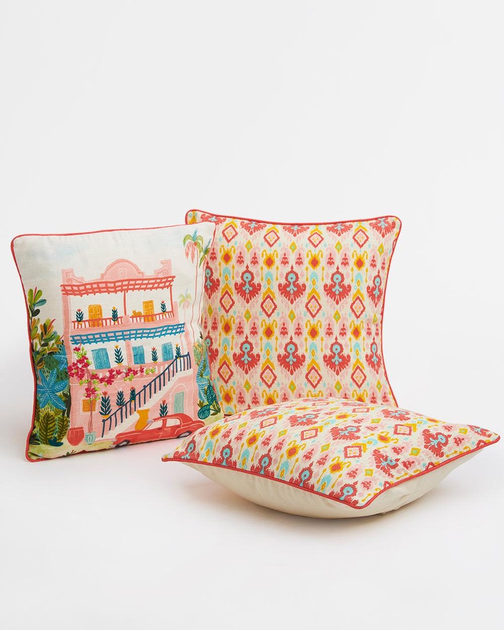 Chumbak Countryside Ikkat Cushion Set of 3 -16”