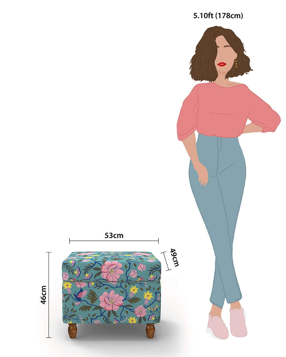 Chumbak Modern Trunk Storage Ottoman - Spring Bloom Teal