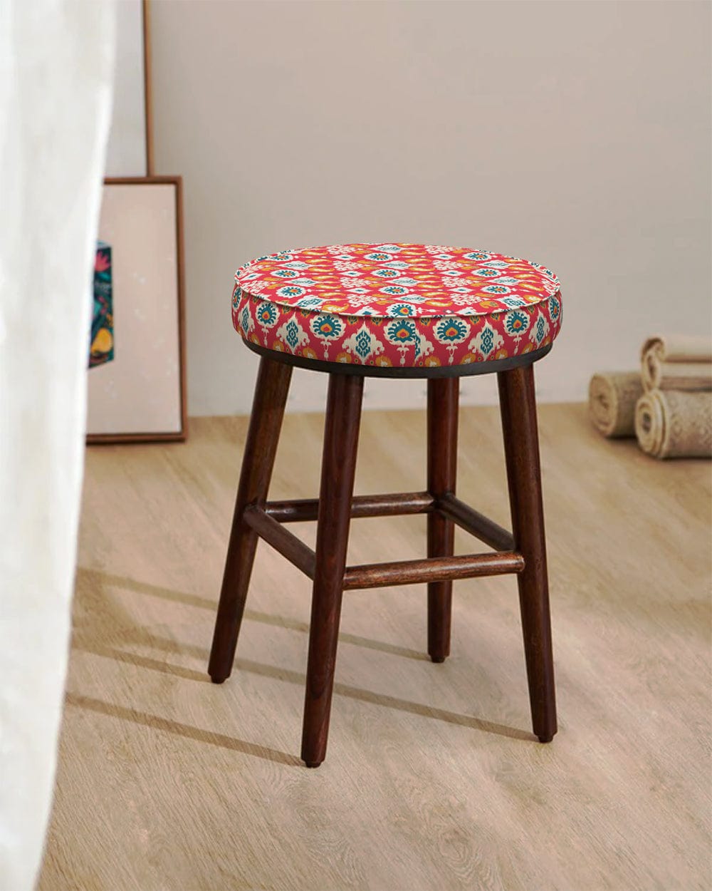 Chumbak English Cafe Stool - Red Ikkat