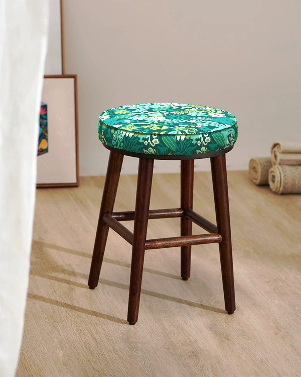 Chumbak English Cafe Stool - Tropical Ikkat Green