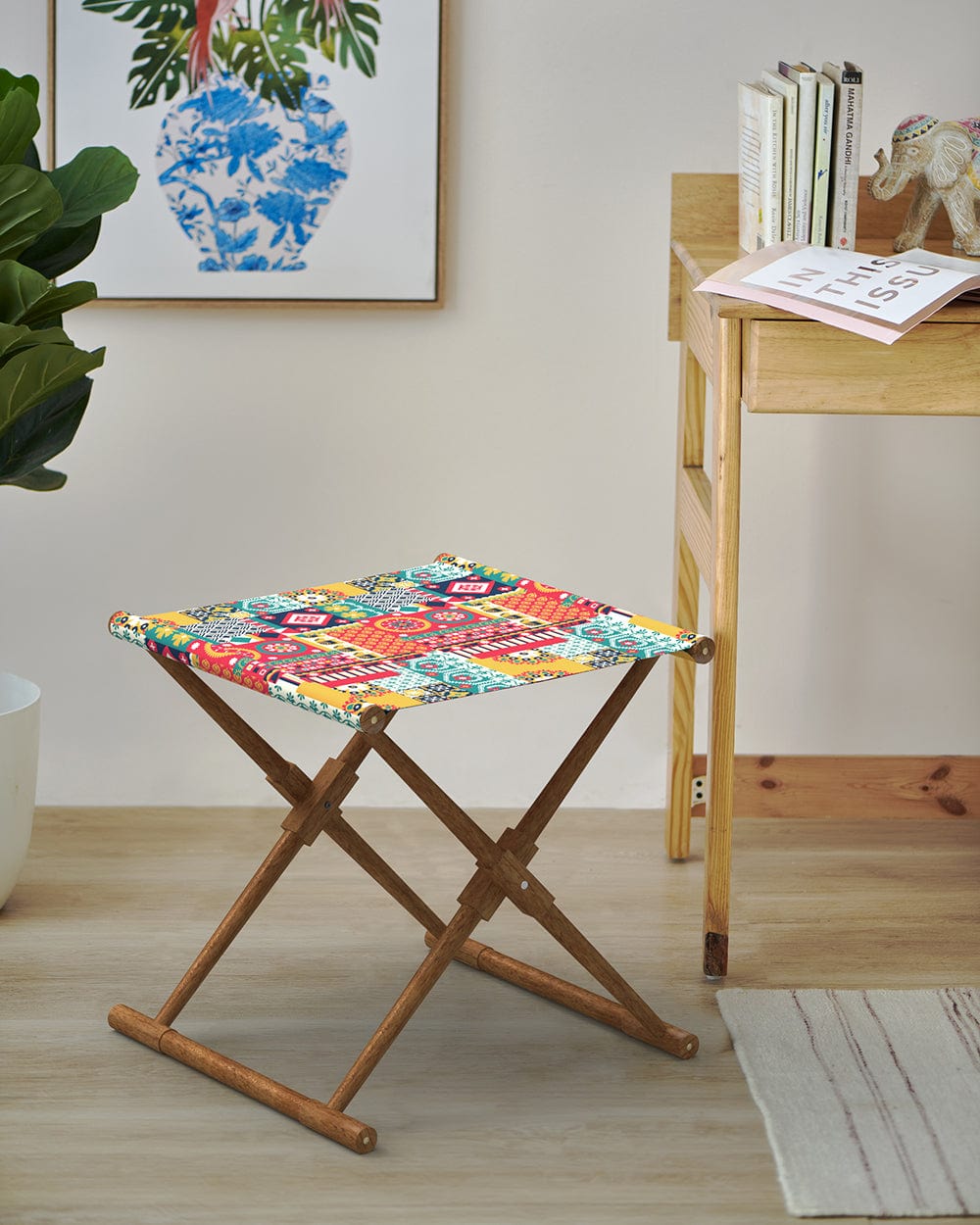 Chumbak Bistro Folding Bench - Floral Swirls Red