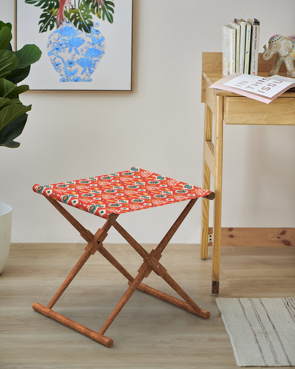 Chumbak Bistro Folding Bench - Red Ikkat