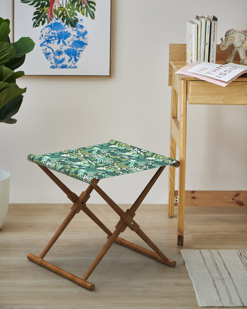 Chumbak Bistro Folding Bench - Tropical Ikkat Green